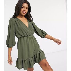ASOS wrap front frill hem mini tea dress with puff sleeves in olive - US 10